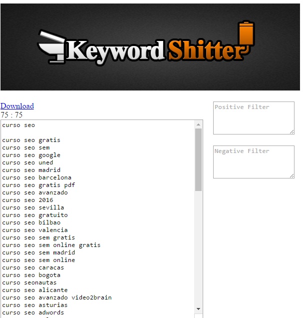 Resultados de palabras clave con Keyword Shitter